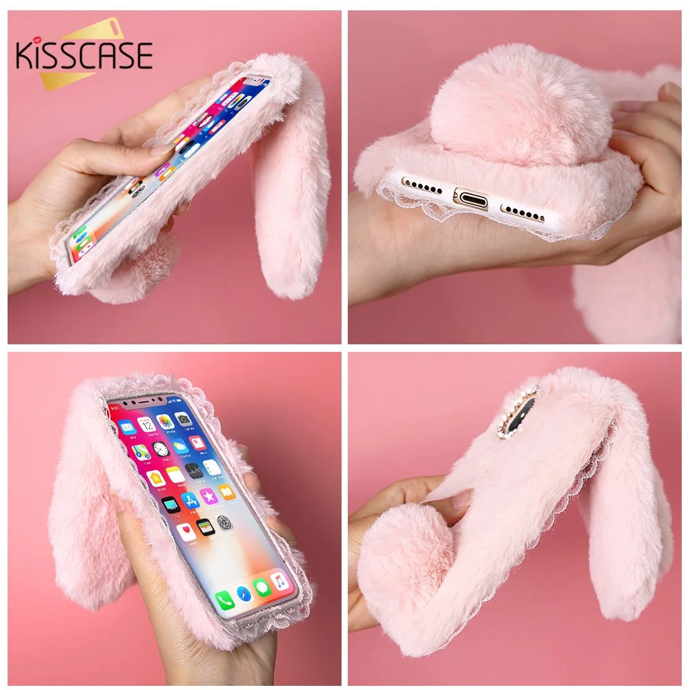 KISSCASE милый пушистый чехол с кроличьими волосами для iPhone 5 S SE 6s 6 8 7 Plus X Xr XS Max