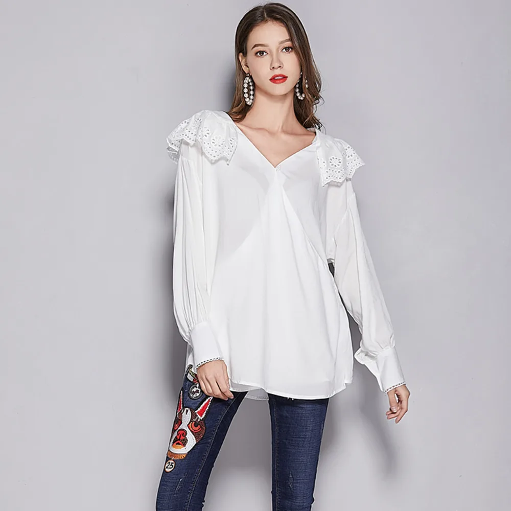 Бренд 2019 весна лето белая блузка с вышивкой Женская Плюс Размер полые хлопковые