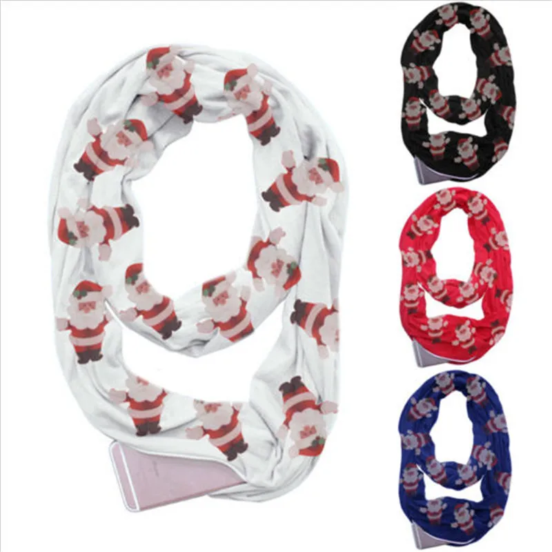 

Christmas Santa Claus Print Scarves For Women Convertible Journey Infinity Scarf With Zipper Pocket Xmas Festive Multi-use Scarf