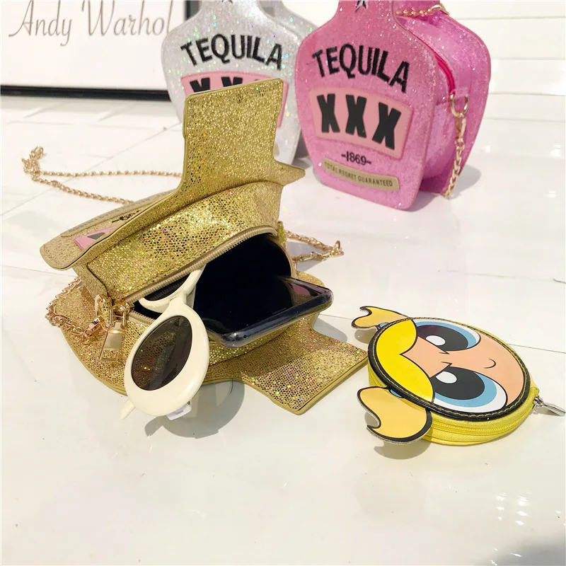 New Fashion Style Tequila Bottle Sequins Bag Messenger Handbag Women Girl Shoulder Wallet Pouch Party Chain Letters |