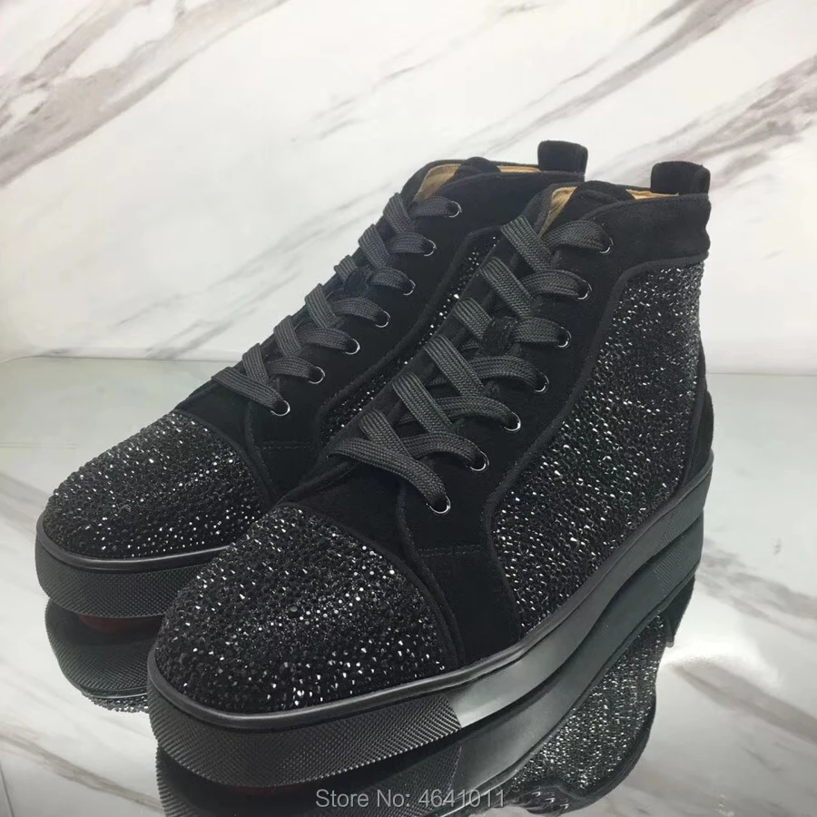 High Cut Leisure shoes cl andgz Lace Up Black Swarovski Rhinestone diamond Red bottom For men shoe sneakers Leather Flat Loafers