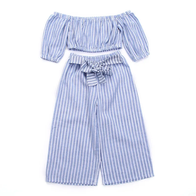 

Kids Baby Girls Long Lantern Sleeve Off Shoulder Crop Tops T-shirt Lace-up Loose Striped Bowknot Wide Leg Pants Outfit 2Pcs 1-6T