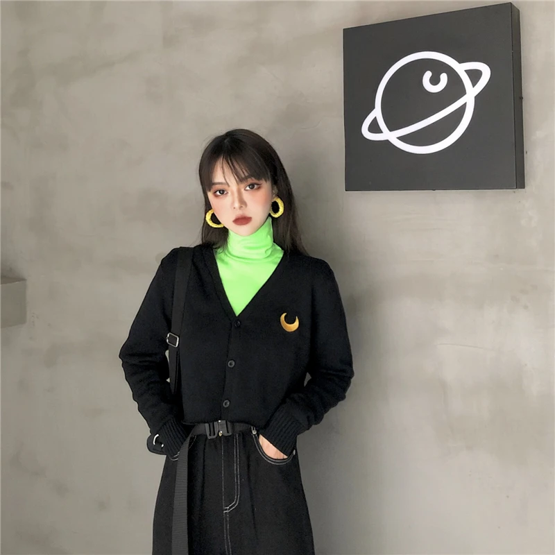Модный женский однобортный Кардиган Harajuku с вышивкой Луны мягкий вязаный