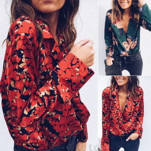2019 Brand New Women Sexy Deep V-Neck Long Sleeve Floral Print Tops Loose Blouse Casual Bodysuit Elegant Workwear Female Wear | Женская