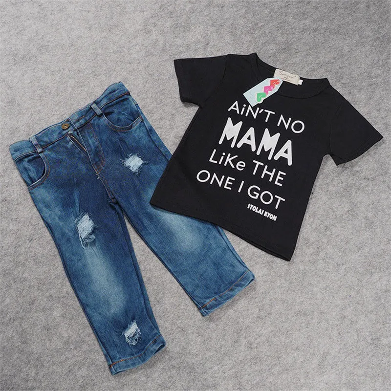 Baby Girls Clothes Set 2pc/Set Black Short Sleeves Tshirt Letter T-Shirt Tops Blue Jeans Long Cowboys Pants New Born Outfit | Детская