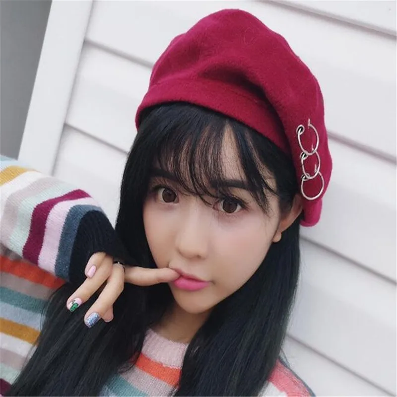 Женский берет с кольцом Harajuku винтажный теплый круглым для осени и зимы |