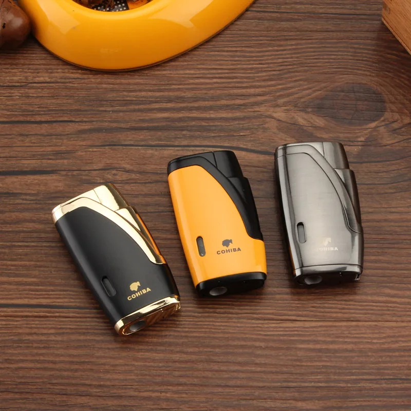 

COHIBA 2 Flames Lighters Smoking Tool Metal Windproof Cigar Lighter Torch Butane Gas Lighters For Cigars With Built-in Punch