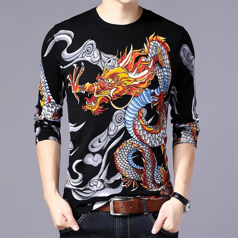 Мужской свитер облегающий с принтом Dragon Erkek Kazak Sueter Hombre 2019 | Мужская одежда