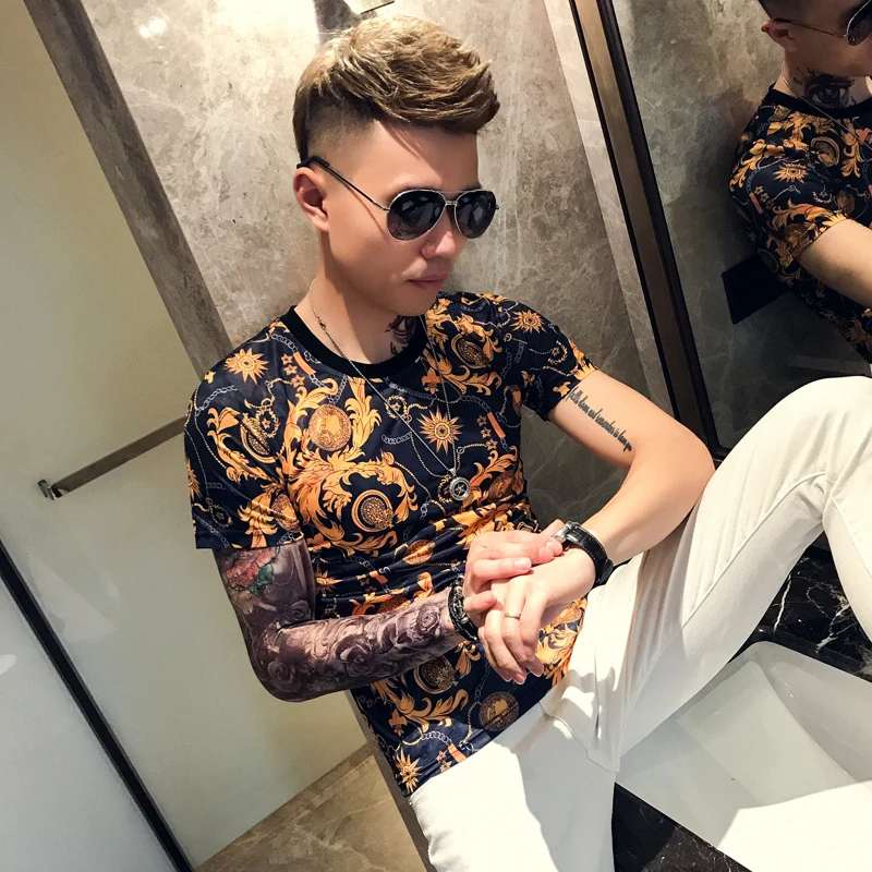 2019 летние футболки с золотым принтом Slim Fit Роскошные Chemise Homme барокко уличная Playeras