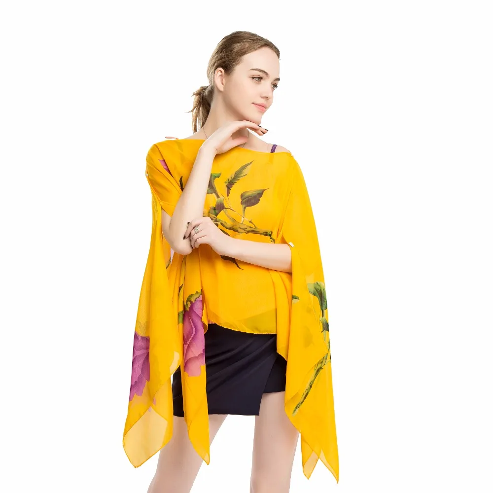 Rose Printed Chiffon Wrap Shawl Capes Summer Sarong Cover up Women Scarfs