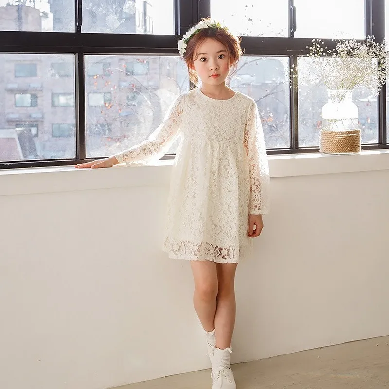 Party Big Girls Dresses Size10 12 8 6 4 2 Long Sleeve Baby Clothes Spring Autumn Lace White Kid Dress Clothing 2019 New | Детская одежда