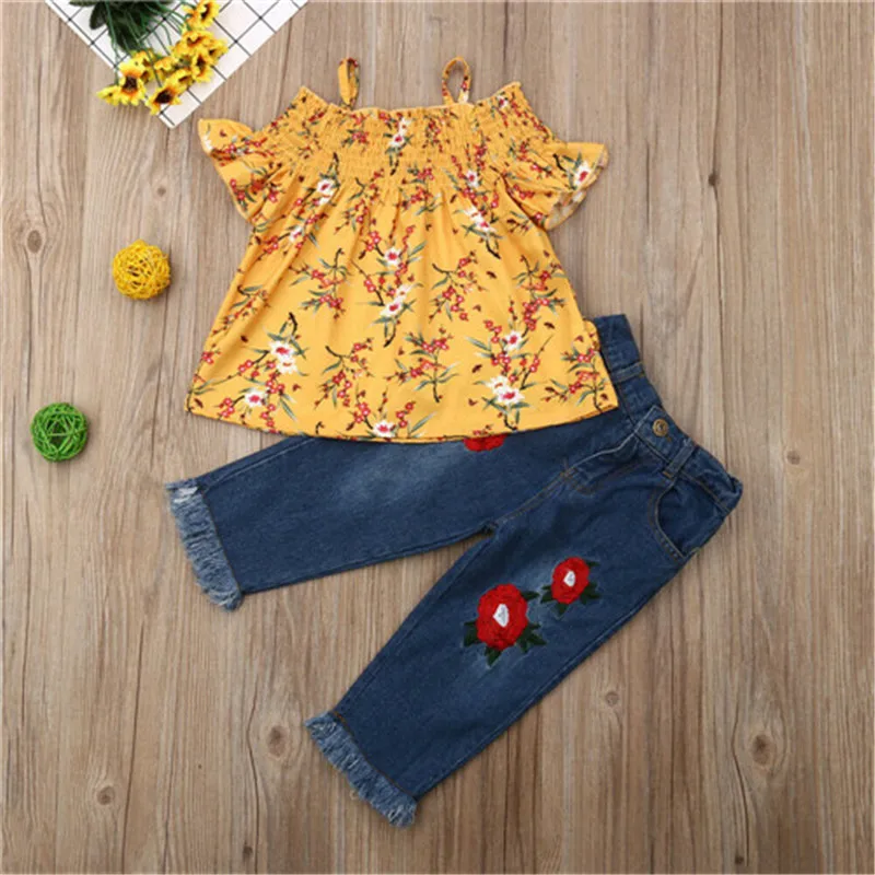 Летняя детская одежда для маленьких девочек топы с цветочным принтом джинсовые