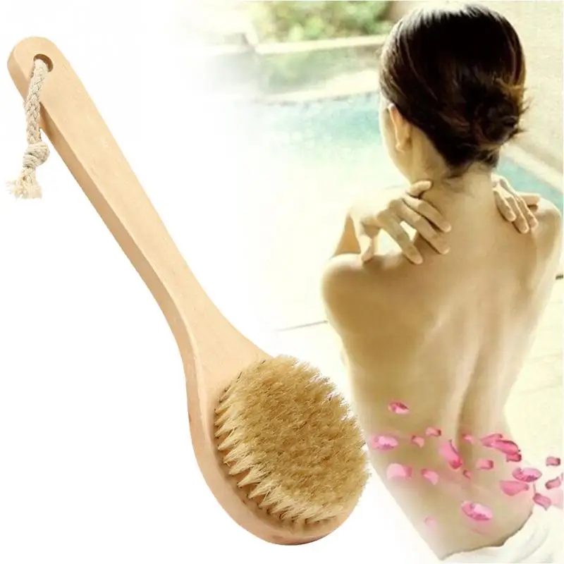

Natural Bristle Middle Long Handle Wooden Scrub Skin Massage Shower Body Bath Brush Round Head Bath Brushes Bathroom Accessories