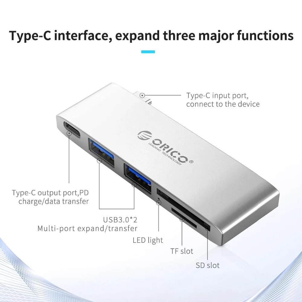 Orico 5 в 1 Алюминиевый сплав 2 Usb 3 0 порта type C концентратор для Tf/Sd кардридер зарядка PD