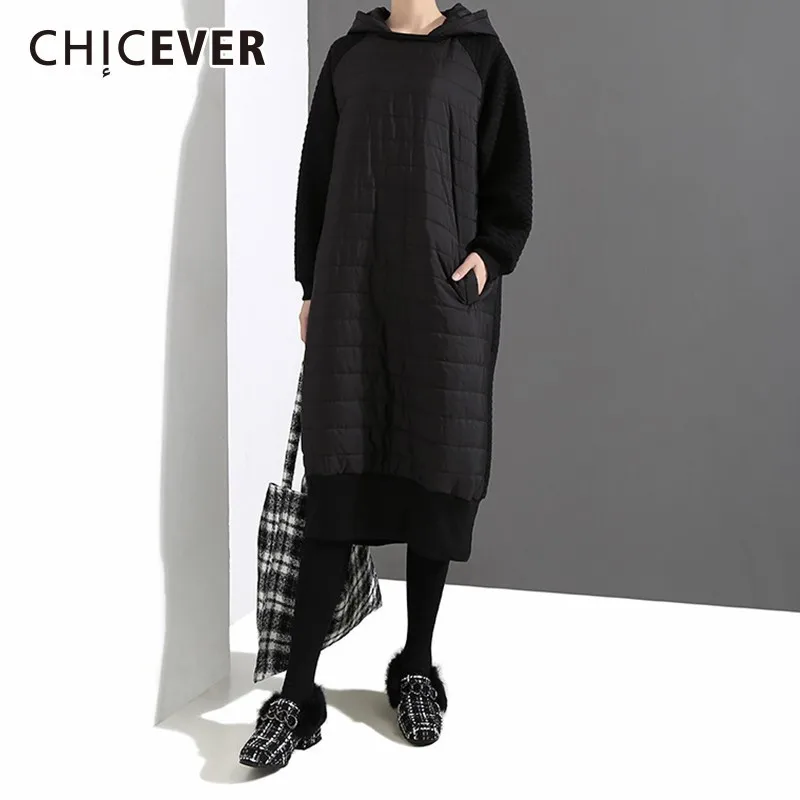 CHICEVER осень зима теплое платье для женщин с капюшоном длинным рукавом Свободные