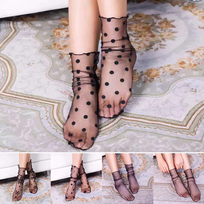 Новое поступление женские кружевные черные носки до щиколотки с оборками