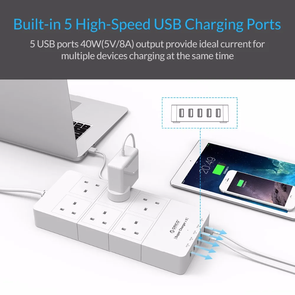 ORICO HPC 6A5U UK WH для дома и офиса штепсельная вилка Великобритании usb адаптер