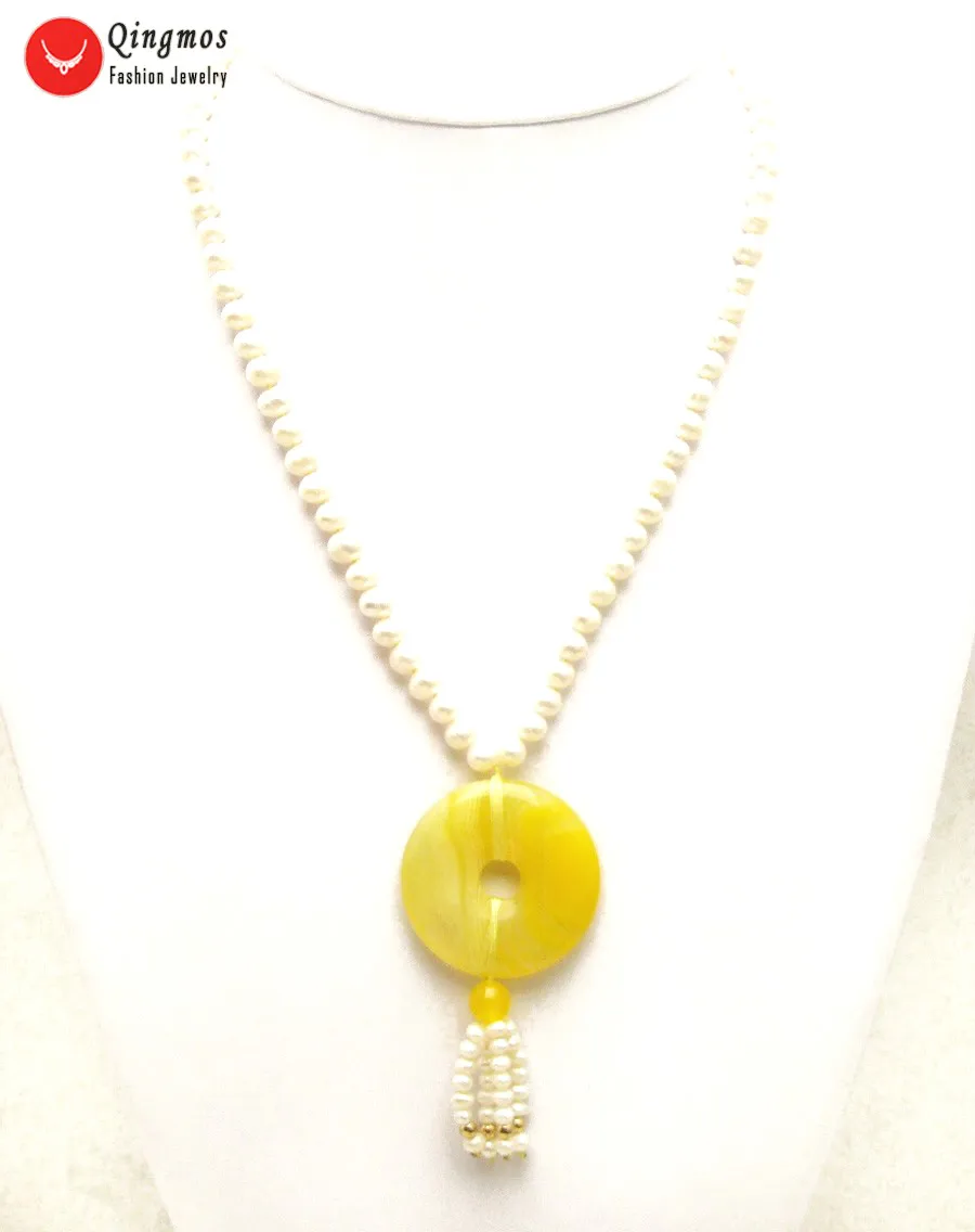 Qingmos Natural White Pearl Necklace for Women with 6-7mm Round &amp 40mm Yellow Donuts Shape Agates Pendant Jewelry | Украшения и