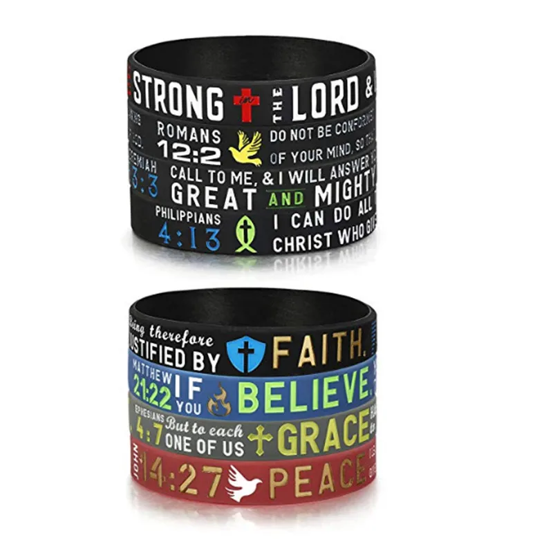 1pc Power of Faith Believe Grace Bible Verse Wristbands Black Silicone Bracelets for Men Women Christian Religious Jewelry Gifts | Украшения