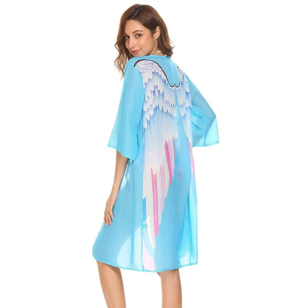Women Casual 3/4 Sleeve Open Front Print Blue Long Loose Chiffon Bikini Cover Up Beach |