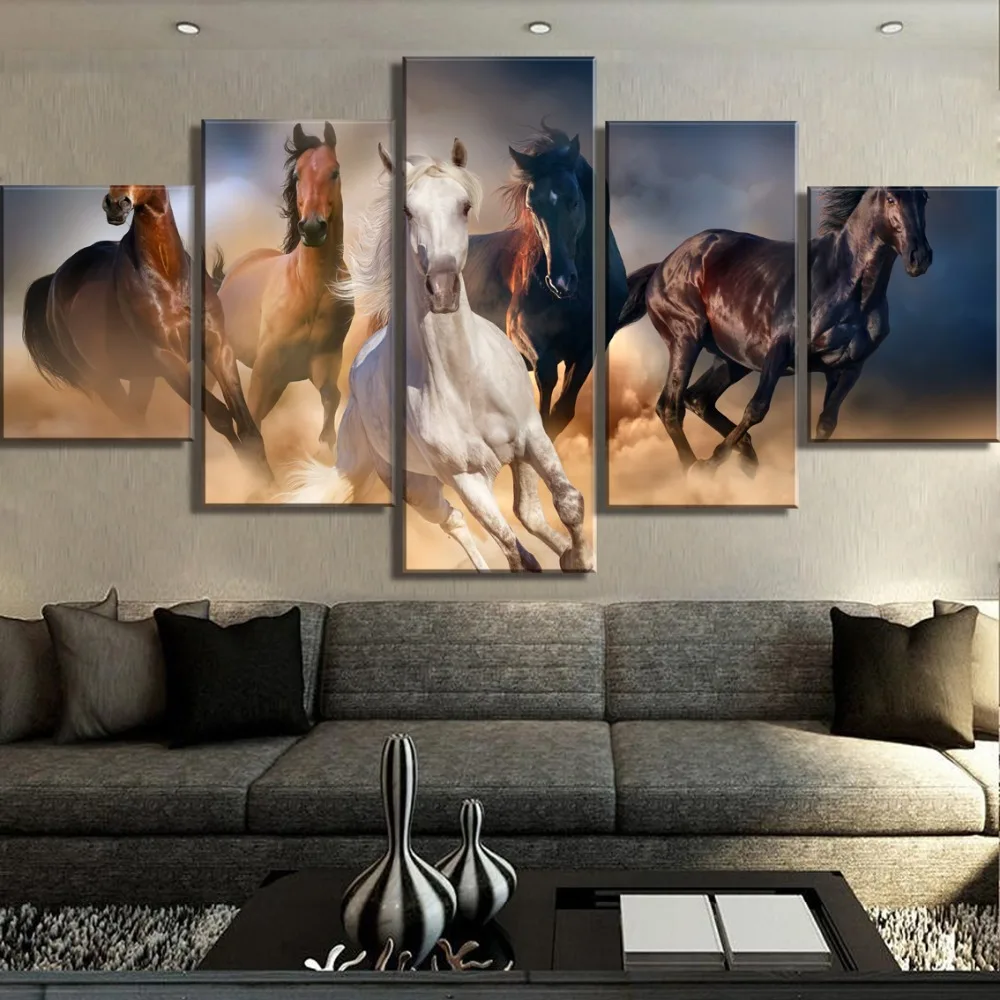 

5 Piece HD Print Large Galloping Horses Group Painting Canvas Wall Art Picture Home Decoration Living Room Canvas Painting
