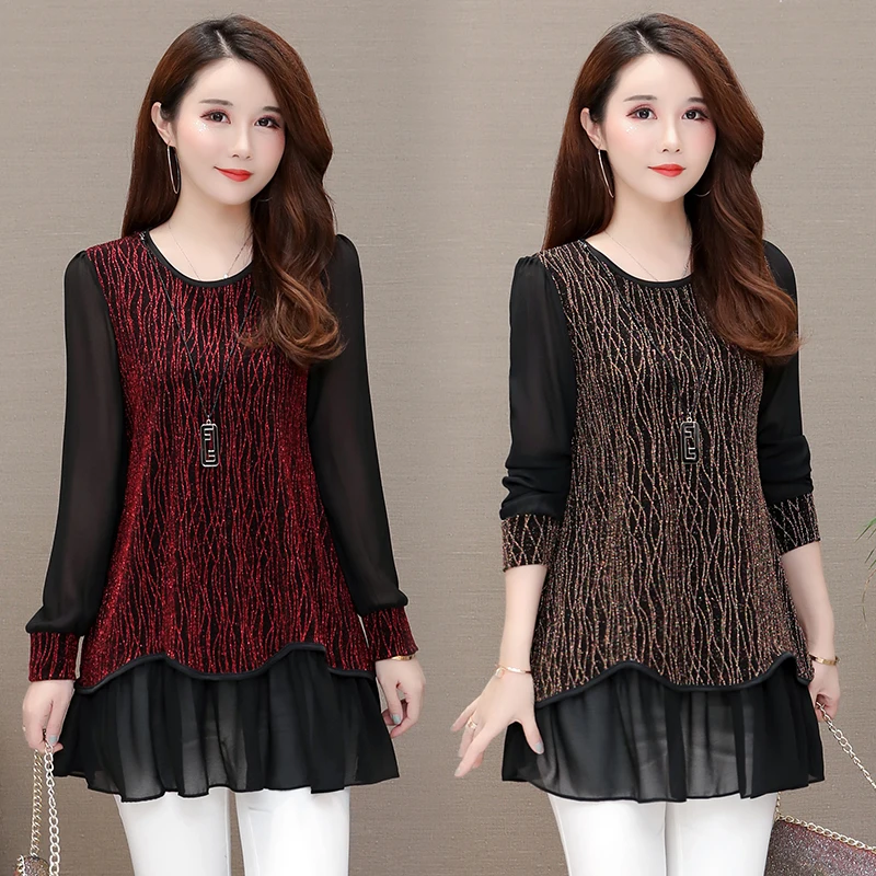 Plus Size Clothes 5XL 4XL 3XL Tunic Top Women Belly Peplum Patchwork Sheer Mesh Glitter Faux Two Piece Blouse Shirts | Женская одежда