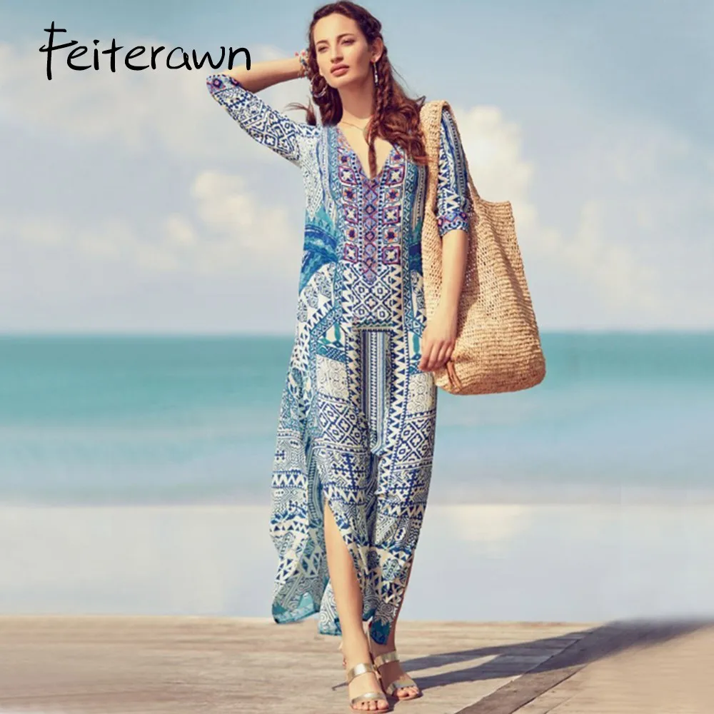 Feiterawn район печатных Половина рукава пляжное платье Sexy V образным вырезом Boho