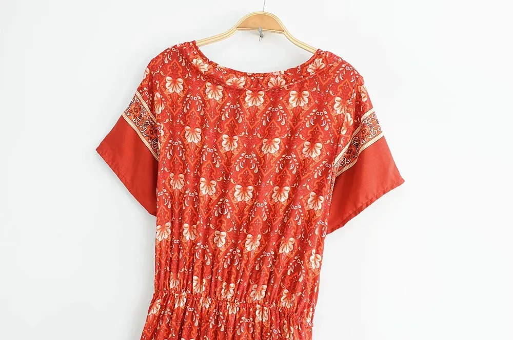 

2020 Spring New Dress Women's Fashion Printing Maxi Dress Vintage Style Lace Up Sexy Dress Cotton Holiday Dress Slim Red Dress