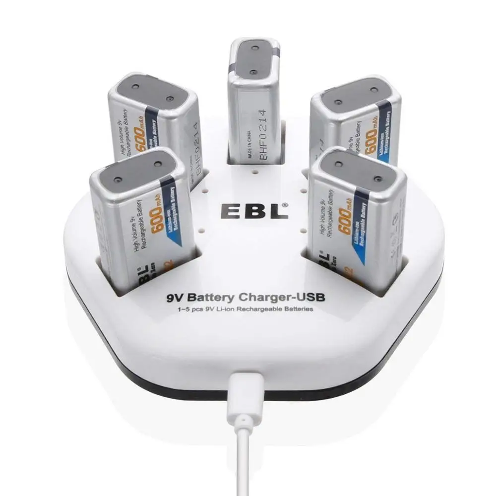Быстрое зарядное устройство EBL для литий ионных аккумуляторов с USB 9 В 5 упаковок 600