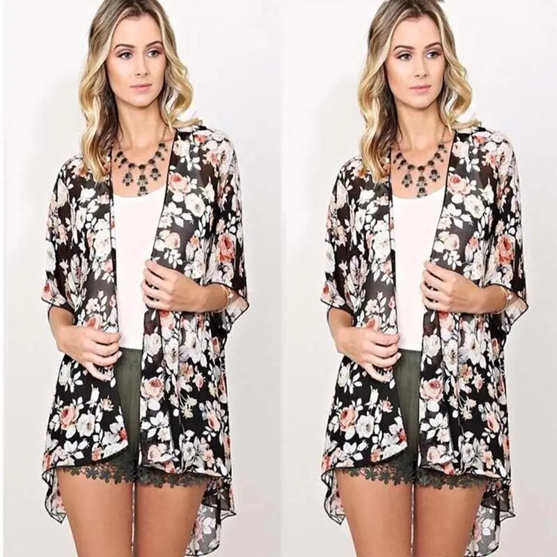 Женское кимоно накидка Thefound длинное пальто в стиле бохо с цветочным принтом лето