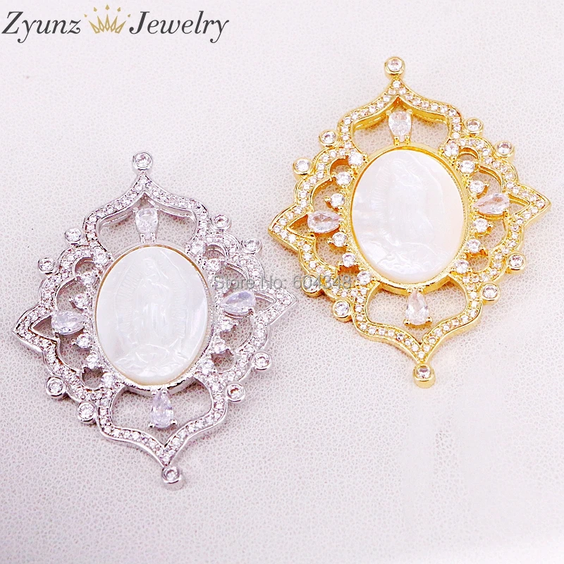 5 нитей ZYZ323 8697 CZ micro Pave Oval Mary Jesus MOP shell Focal ожерелье Белый Золотой/Серебряный цвет