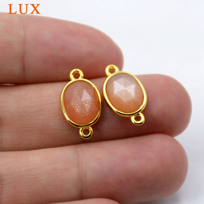 

Natural sun stone connector oval Faceted Gem stone charms orange beads jewelry gold bezel findings double bail pendant