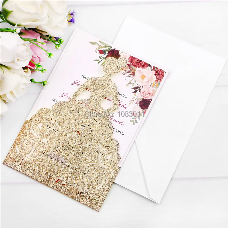 

PONATIA 20 Pcs Wedding Invitation Cards Beautiful Princess for Girl's 15 Birthday Engagement Wedding Party (Light Gold Glitter)