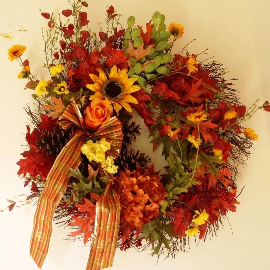 Fall Wreath Hydrangea Roses Yellow Flowers Cottage Rustic Pine-cones | Дом и сад