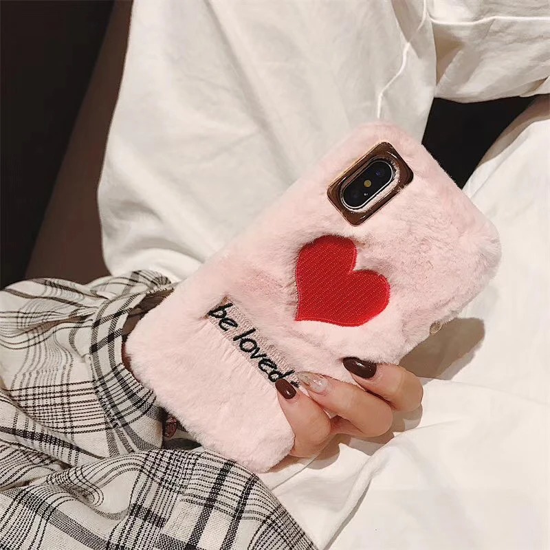 Plush Mobile Phone Case For IphoneX XR Xs MAX Fashion Love Embroidery Fur 6 7 8plus Soft Shellphone | Мобильные телефоны и
