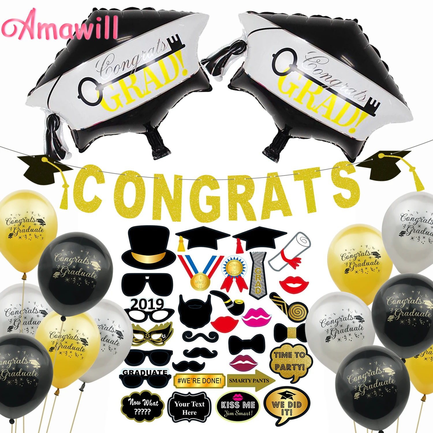 Amawill выпускная вечеринка Декор Congrats Grad баннер фольга латекс воздушные шары