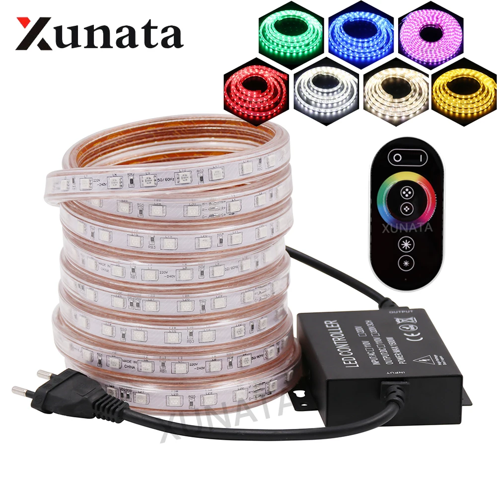 Светодиодная лента 5050 RGB водонепроницаемая 220 В С 24 клавишным сенсорным