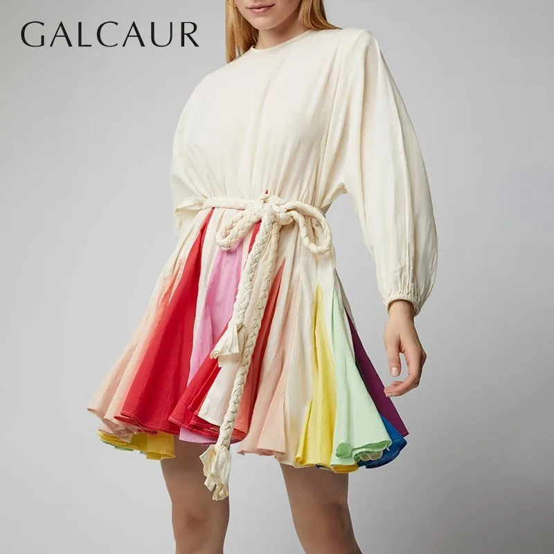 

GALCAUR Beach Dress For Women O Neck Lantern Sleeve High Waist With Sashes Patchwork Hit Color Dresses Female 2020 Fashion New