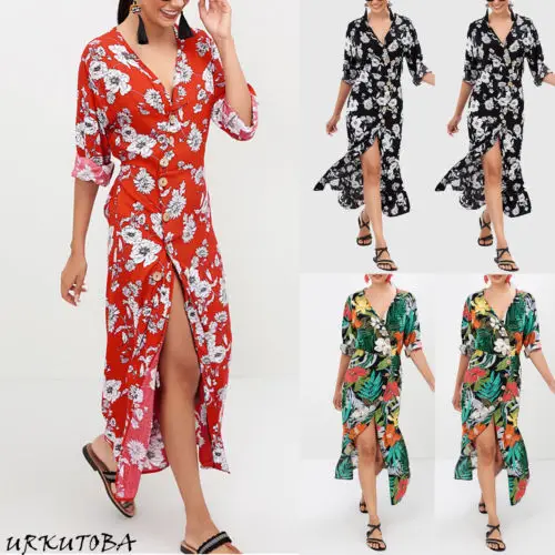 Для женщин Boho Цветочные коктейвечерние льное вечернее разделение Длинные платье