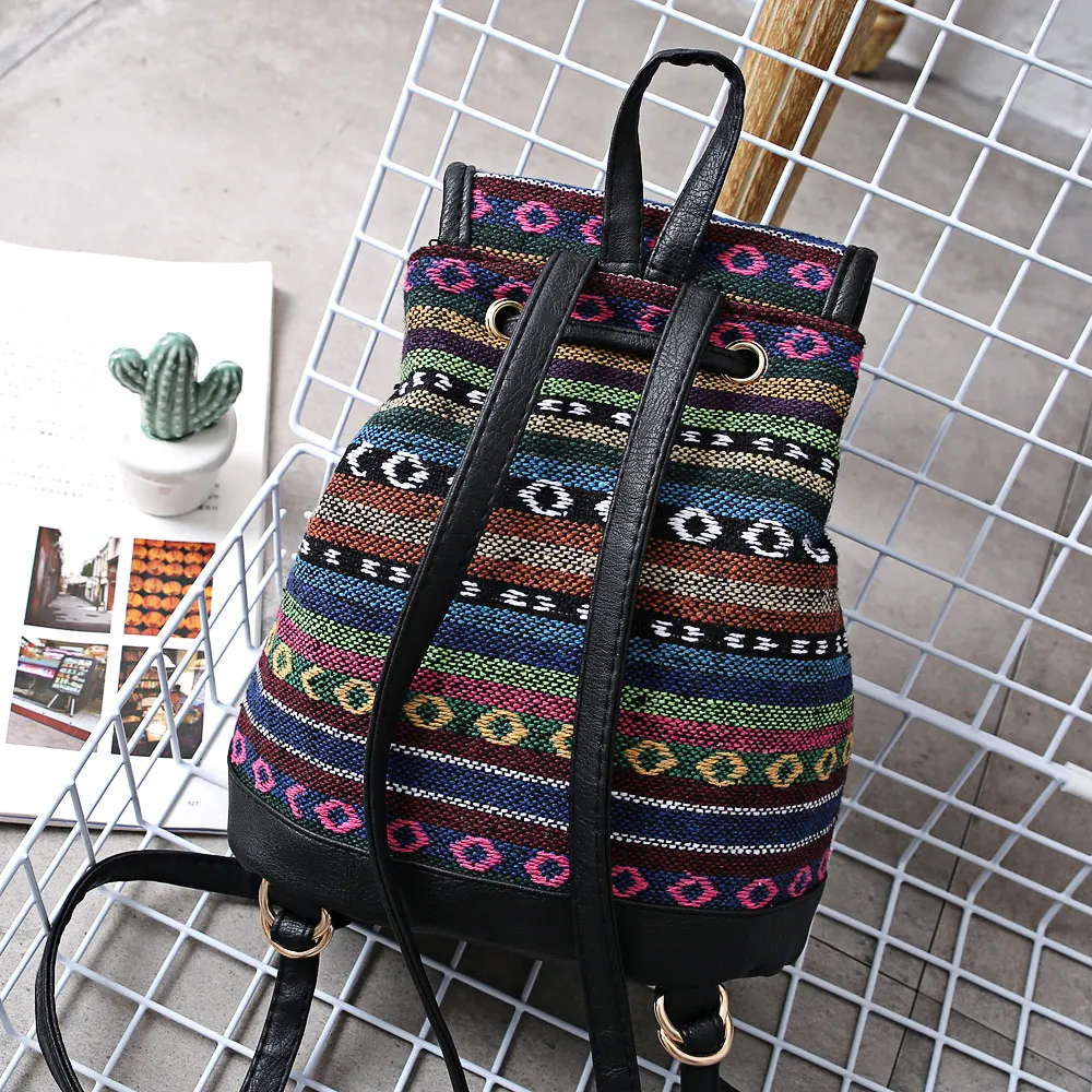 Guapabien женщины Drawstring Hasp этнический стиль холст PU Кожа Лоскутное Рюкзак|Женские