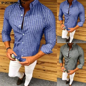 Мужская рубашка в полоску INCERUN, модная рубашка с длинными рукавами и отворотом, деловые мужские облегающие повседневные Топы Camisa Masculina, 2020