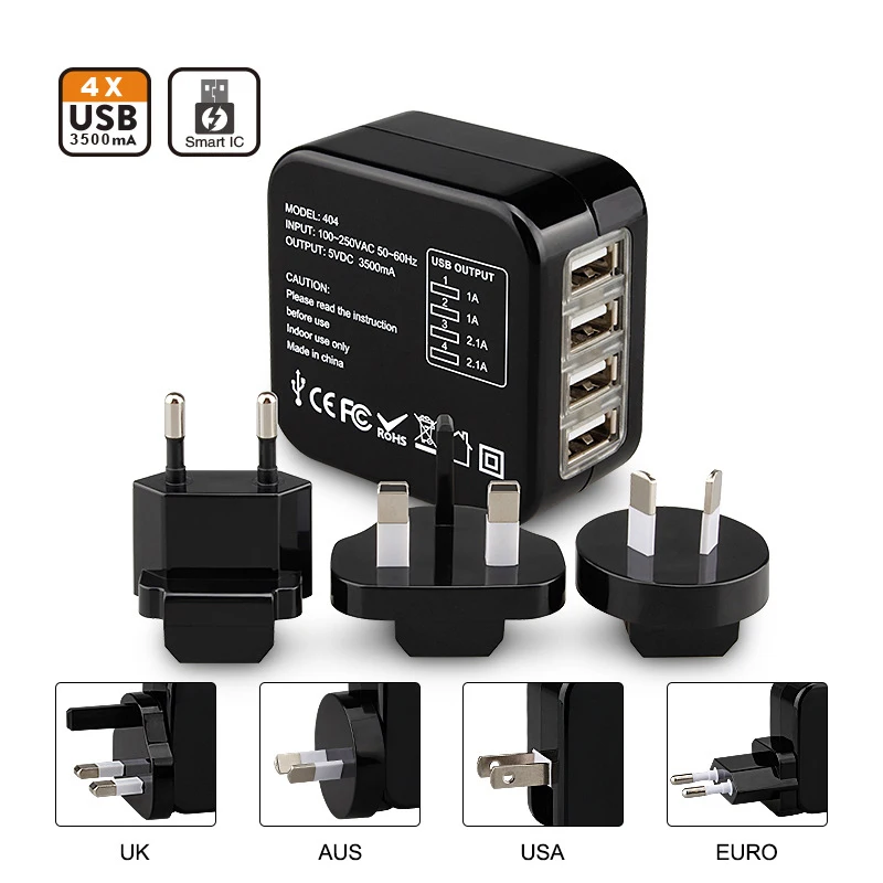 Универсальный дорожный адаптер для зарядного устройства с 4 usb разъемами