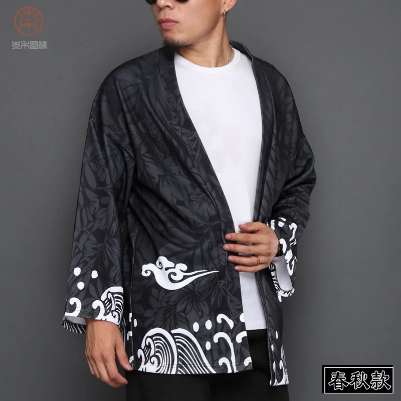 Японские кимоно yukata kimino haori кардиган халат для мужчин черный принт японский Топ