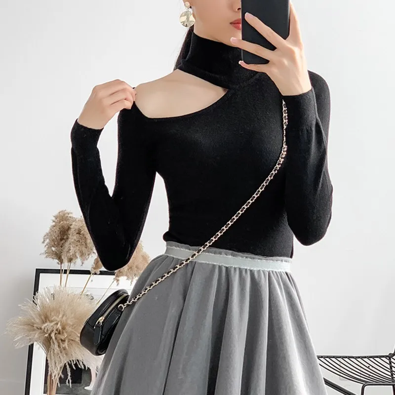 TWOTWINSTYLE Sexy Pullover Tops Female Hollow Out Off Shoulder Turtleneck Long Sleeve Women's Sweater Fashion 2019 Autumn Winter | Женская