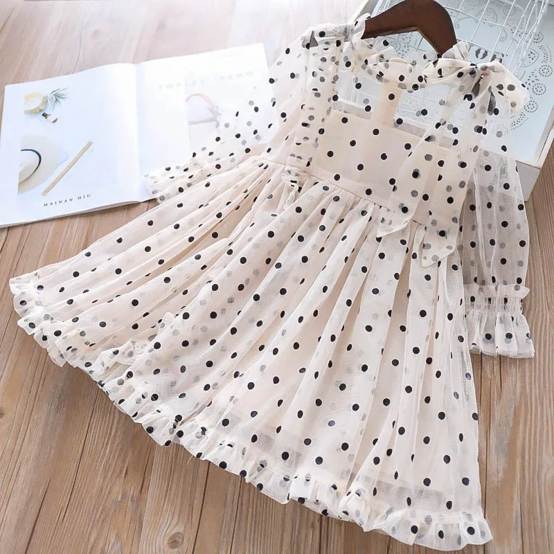 girls tulle dress vintage long sleeve Dot ruffles birthday princess kids dresses for girl's clothing boutiques children frock | Детская