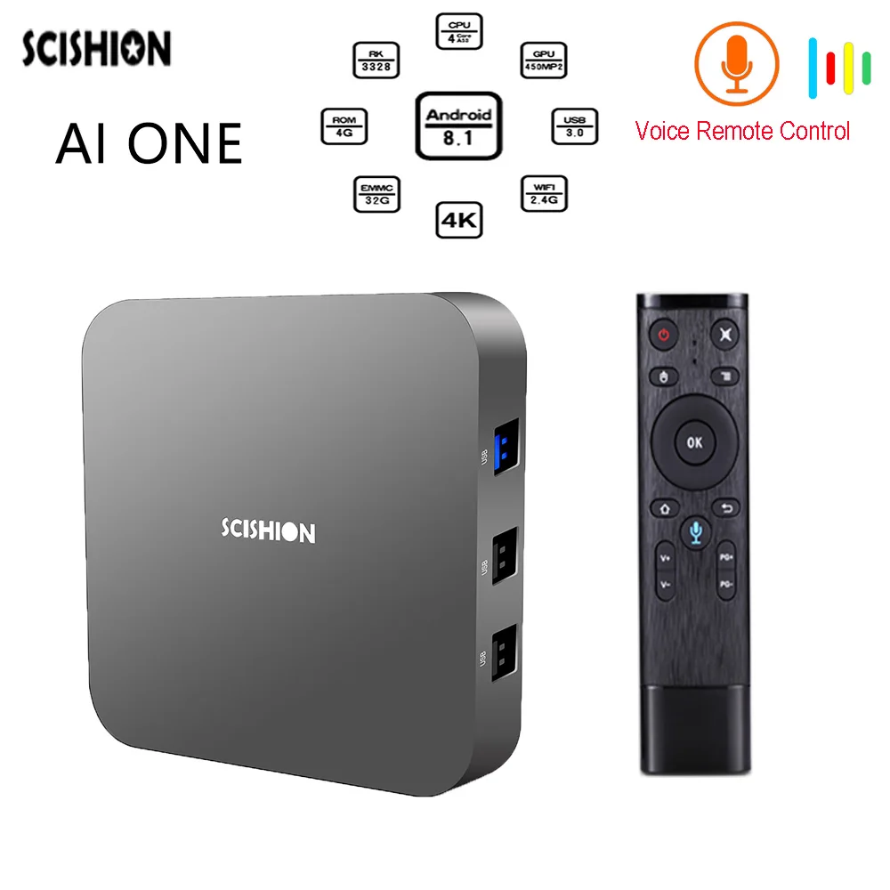 SCISHION AI One Android 8 1 Смарт ТВ бокс с голосовым управлением Rockchip 3328 4 ГБ 32 2 ГГц WiFi