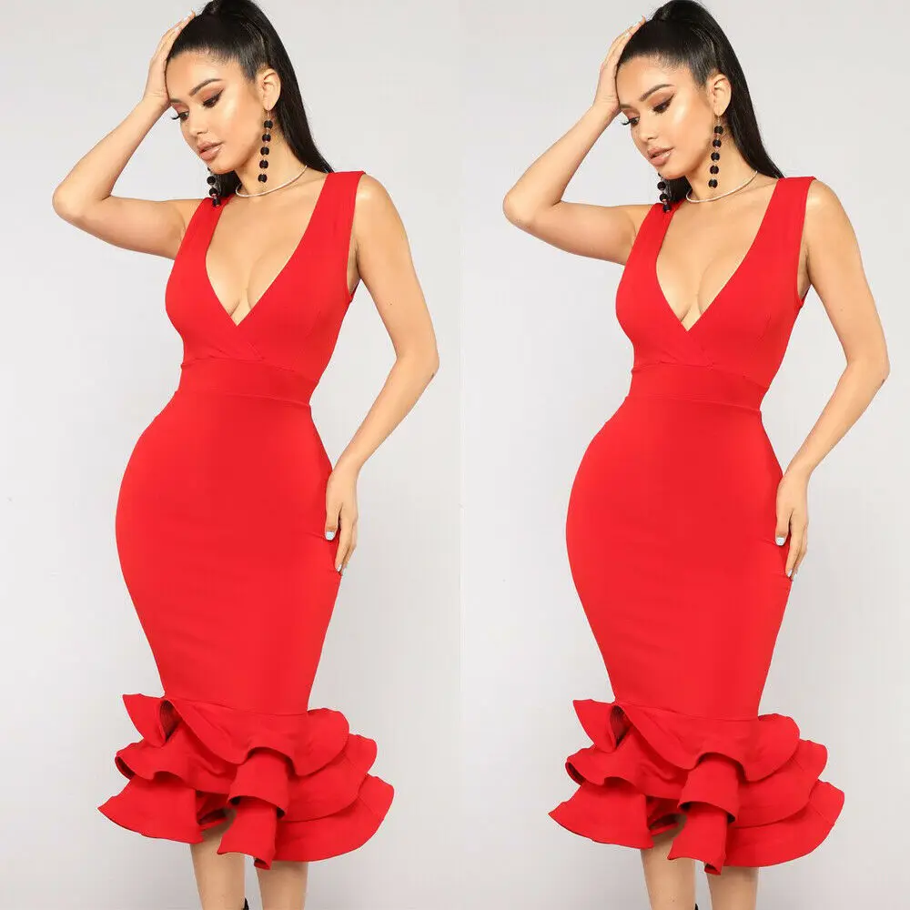 Sexy Women Off Shoulder Sleeveless V Neck Ruffle Dress Bodycon Evening Prom Gowns Midi Party Fishtail 2019 New Arrival | Женская одежда