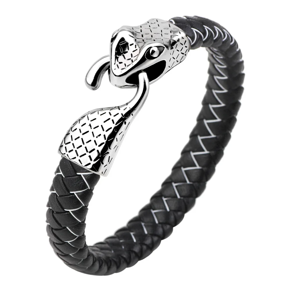 2019 New Bracelet Personality Fashion Stainless Steel Snake Head Leather Woven Men's Trend | Украшения и аксессуары
