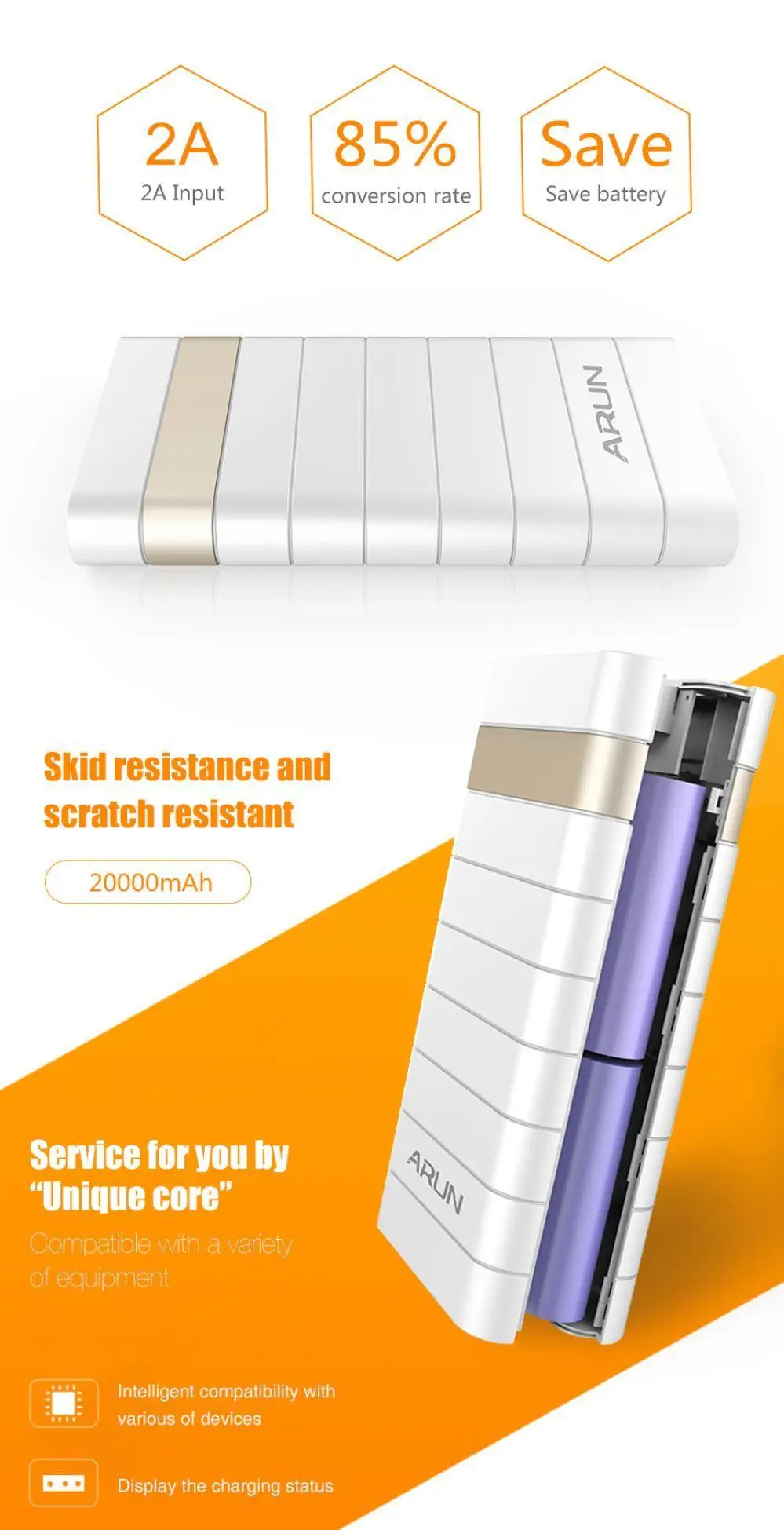 ARUN 20000 мАч Внешний аккумулятор повербанк 2 USB power Bank портативный мобильный телефон