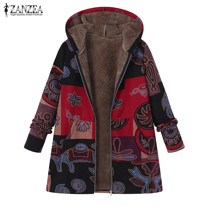 Женские куртки размера плюс 2019 ZANZEA зимние теплые пальто с капюшоном и этническим